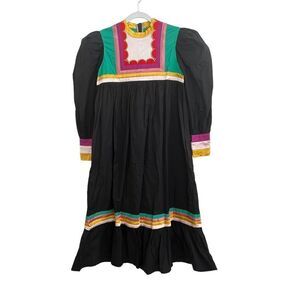 CeliaB Teca Striped Trim Colorblock Puff Sleeve Midi Dress Black Women's Size XS